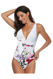 V Neck Belted Floral Print Pleated One Piece Swimsuit White