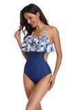 Halter Backless Cut Out Beach Print Ruffle One Piece Swimsuit Blue