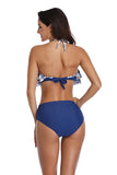 Halter Backless Cut Out Beach Print Ruffle One Piece Swimsuit Blue