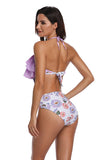 Halter Backless Cut Out Floral Print Ruffle One Piece Swimsuit Purple