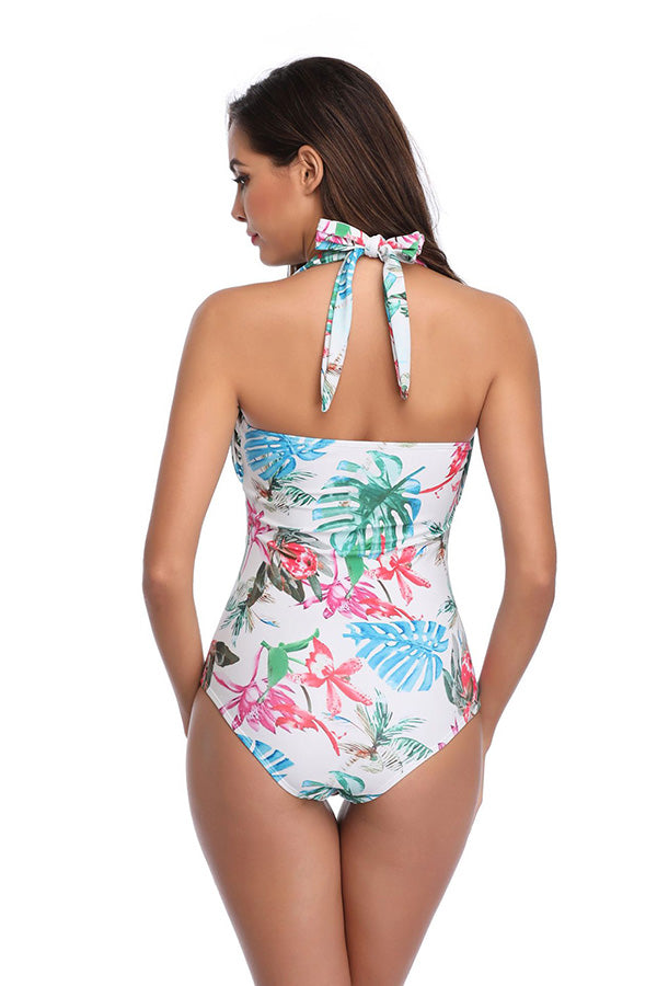 Square Neck Halter Backless Leaf Print One Piece Swimsuit White