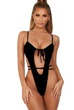 Tie Front Cut Out Strappy High Cut Plain One Piece Swimsuit Black