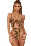 Tie Front Cut Out Strappy High Cut Leopard Print One Piece Swimsuit Brown