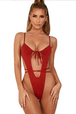 Tie Front Cut Out Strappy High Cut Plain One Piece Swimsuit Red