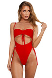 Tie Front Cut Out Plain Pleated High Cut One Piece Swimsuit Red