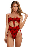 Tie Front Cut Out Plain Pleated High Cut One Piece Swimsuit Ruby