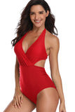 Plus Size Halter Wrap Cut Out Pleated Plain One Piece Swimsuit Red