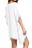 V Neck Pom Pom Trim Crochet Patchwork Plain Beach Dress White