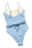 Backless Plain Rope Belted One Piece Swimsuit Blue