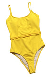 Backless Plain Rope Belted One Piece Swimsuit Yellow