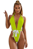 Deep V Neck Halter Belted Thong One Piece Swimsuit Green