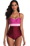 Plus Size Color Block Cinched Sleeveless One Piece Swimsuit Ruby