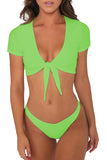 Short Sleeve V Neck Tie Front Plain High Cut Two-Piece Swimsuit Green