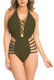 Backless Cut Out Halter One Piece Swimsuit Olive