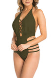 Backless Cut Out Halter One Piece Swimsuit Olive