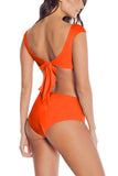 Solid Tie Back Pleated Two Piece Swimsuit Orange