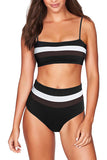 Color Block Striped High Waisted Bikini Set Black
