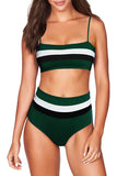 Color Block High Waisted Striped Bikini Set Green