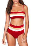 Color Block Striped High Waisted Bikini Set Red