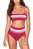 Striped High Waisted Color Block Bikini Set Ruby
