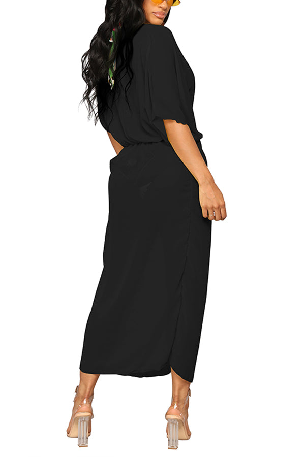 Twist Front Kimono Beach Maxi Dress Black