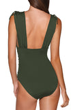 Wide Straps V Neck Ruched One Piece Swimsuit Olive