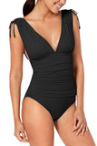Wide Straps Ruched V Neck High Cut One Piece Swimsuit Black