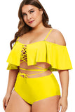 Plus Size Solid High Waisted 2 Pieces Swimsuit Yellow