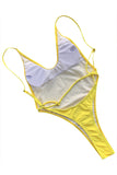 Solid Open Back High Cut Thong One Piece Swimsuit Yellow