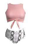 Tie Knot Crop Top Snakeskin Print Two Piece Swimsuit Pink