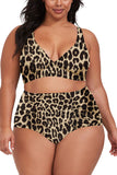 Plus Size High Waisted Leopard Print Bikini Set Brown