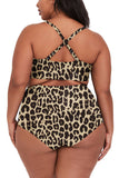 Plus Size High Waisted Leopard Print Bikini Set Brown