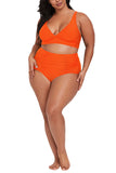 Plus Size Ruched Plain High Waisted Bikini Set Orange