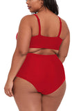 Plus Size Solid Ruched High Waisted Bikini Set Red