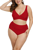 Plus Size Solid Ruched High Waisted Bikini Set Red
