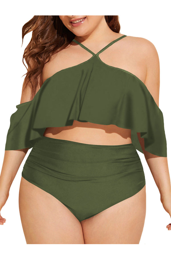 Plus Size Ruffle High Waisted Two Piece Swimsuit Olive