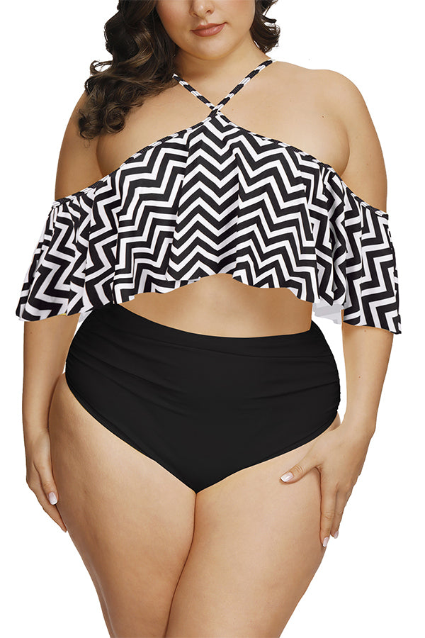 Plus Size Zig Zag Print High Waisted Two Piece Swimsuit