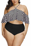 Women's Plus Size Cold Shoulder Ruffle High Waisted Two Piece Swimsuit