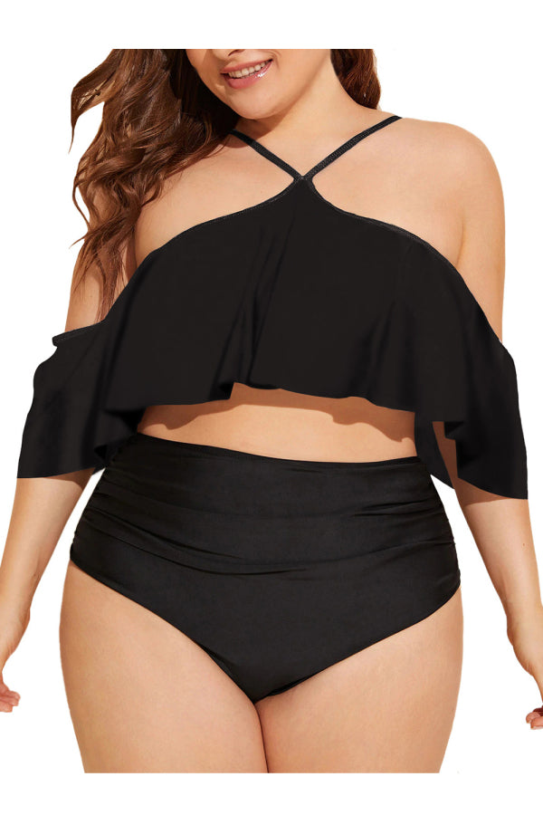 Plus Size Solid Ruffle High Waisted Two Piece Swimsuit