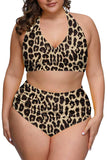 Plus Size Halter Leopard High Waisted Two Piece Swimsuit Brown