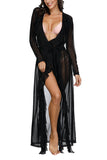 Long Sleeve Sheer Open Front Maxi Beach Cover Up Black