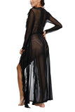 Long Sleeve Sheer Open Front Maxi Beach Cover Up Black