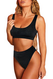 Scoop Neck Crop Top High Waisted Two Piece Swimsuit Black