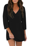 Solid 3/4 Sleeve V Neck Mini Dress Black