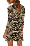 V Neck 3/4 Sleeve Leopard Mini Dress Brown