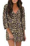 V Neck 3/4 Sleeve Leopard Mini Dress Brown