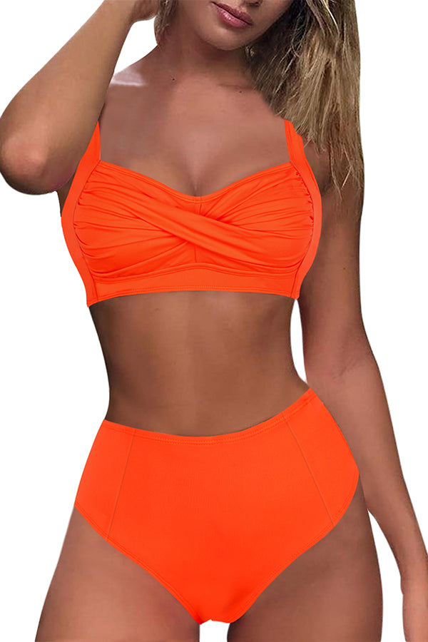 Twist Front Solid High Waisted Beach Bikini Set Orange