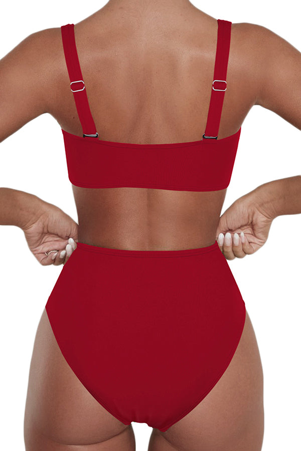 Solid High Waisted Twist Front Shirred Bathing Suit Red