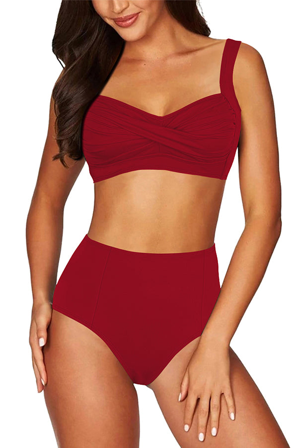 Solid High Waisted Twist Front Shirred Bathing Suit Red