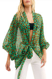 Leopard Tie Front Kimono Beach Cover Up Green